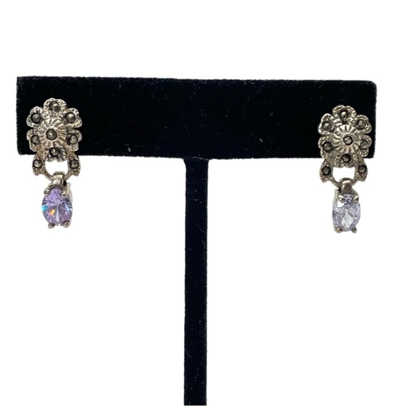 VINTAGE Sterling 925 Dangle Earrings Marcasite Stones With light Violet Stones - Picture 2 of 9